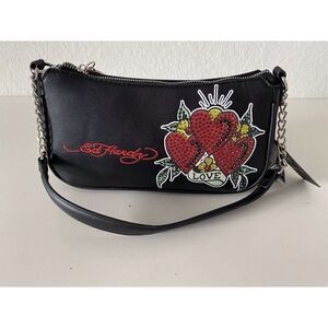 Ed Hardy Iconic Tattoo 3 Hearts Love Bling Black Crossbody Shoulder Bag NEW